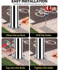 Step-by-step installation guide for Heavy Duty Stainless Steel Safety Bollard 2 Pack with surface cleaning and bolt tightening.
