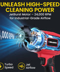 Powerful Cordless Leaf Blower Handheld Turbo Jet With Dual Batteries 20V 350W Power showing 24,000 RPM motor and airflow