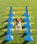 Dog jumping over Dog Agility Hurdle Cone Set For Backyard Training With 4 Adjustable Height Levels And Crossbar Rehab Friendly Obstacle Course Kit For Beginners Includes 10 Blue Bases And 5 Yellow Bars