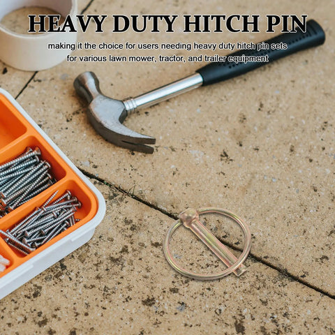 20 Pc Tractor Hitch Pin Kit Universal Lynch Pins For Tractors And Attachments Golden Carbon Steel Quick Connect Pins For Mowers Dump Trailers And Garden Equipment Heavy Duty Workhorse Farm Gear, top view with ring pin and hammer