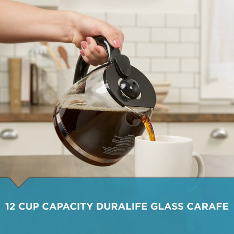 Replacement 12 Cup Coffeemaker Carafe With Black Handle For 12 Cup Programmable Models, pouring coffee into a mug