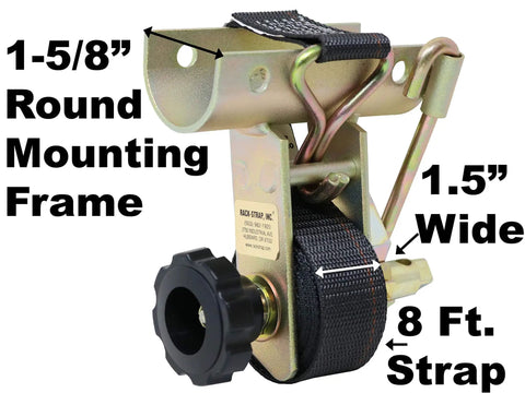 Two Pack Rack Strap Tie Down for Ladder Racks With Round Mounting Brackets Bolt On Or Weld On Hardware Included 1 5 8 Inch Round Bracket 8 Foot Black Straps Built For Trucks And Vans showing 1-5/8 inch frame, strap details