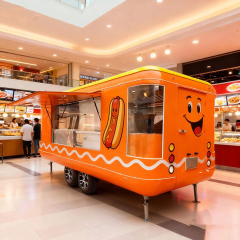 Kickstart Your Street Food Hustle With This Commercial Grade Mobile Food Truck Trailer Equipped With Full Stainless Steel Prep Areas And Durable Construction For Hot Dog Coffee Ice Cream Vending, featuring a vibrant orange exterior design.