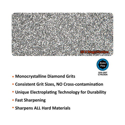 Close-up of monocrystalline diamond grits and features of Diamond Sharpener Rod For Knives With Built-In Angle Guides, 12-Inch, Extra Fine 1200 Grit.