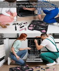People repairing a dishwasher using a 58 Piece Household Tool Set With Pink Plastic Toolbox Case For Everyday Home Repairs And DIY Projects