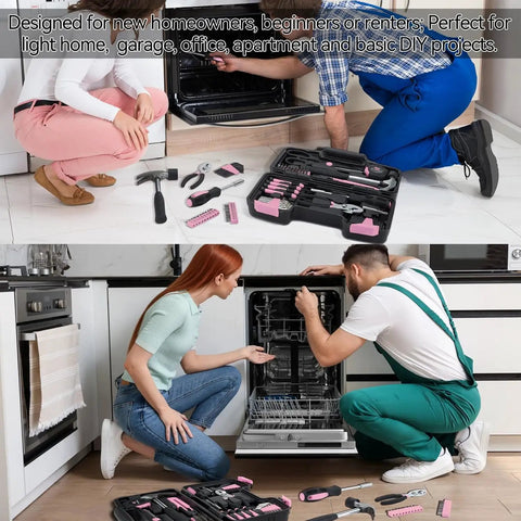 People repairing a dishwasher using a 58 Piece Household Tool Set With Pink Plastic Toolbox Case For Everyday Home Repairs And DIY Projects