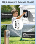 All In One Outdoor GFCI Kit With In Use Cover And Junction Box No Fuss 1 Gang Non Metal Weatherproof Outlet Box 20 Amp TR WR UL Listed GFCI Receptacle Extra Duty Lockable Cover Black 1 Pack installed in garden, child using it.