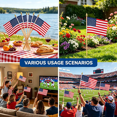 8x12 Inch American Flags On Sticks, 12 Pack With 17.5 Inch Wooden Poles, Vivid Color US Handheld Flags for celebrations