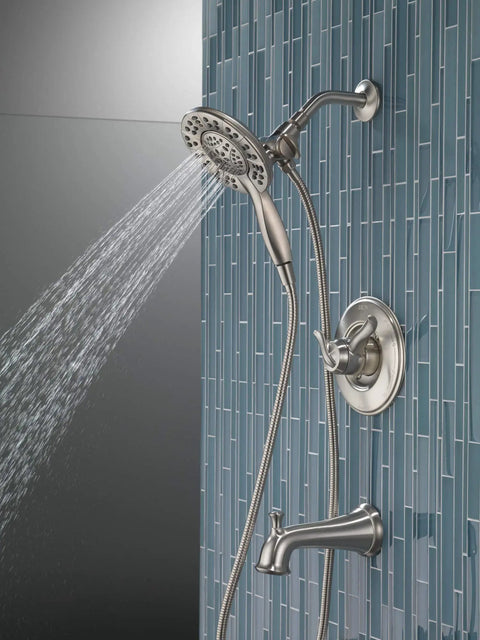 Linden 17 Series Dual Function Tub And Shower Trim Kit With In2ition 4 Spray 2 In 1 Handheld Shower Head And Hose Stainless Finish
