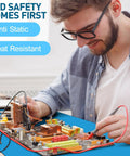 Man using Anti Static Mat Kit With Heat Resistant ESD Mats Pro Grade Wrist Strap Grounding Cord And Soldering Table Pad