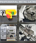 Four-view collage of TECHTONGDA 8x31in metal lathe: control panel, spindle chuck, and tool post assembly