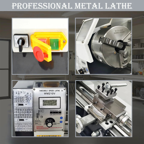 Four-view collage of TECHTONGDA 8x31in metal lathe: control panel, spindle chuck, and tool post assembly