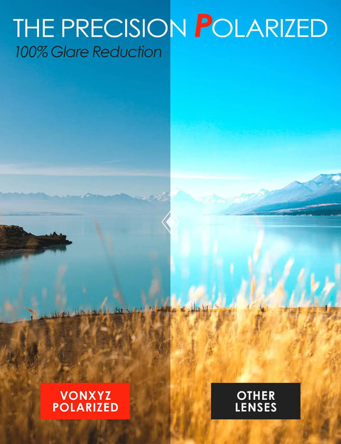 Comparison of Vonxyz polarized lenses vs other lenses in bright outdoor landscape showing glare reduction effect