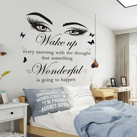 Motivational Quote Wall Stickers Set With Giant Eye Art And Butterflies in a bedroom, inspiring decor for women and girls.