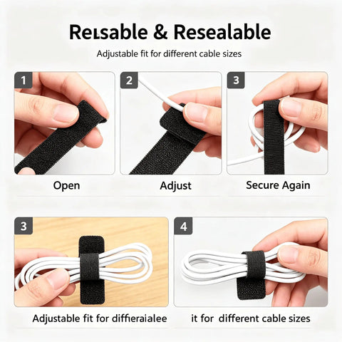Reusable Cable Management Straps And Self Adhesive Cord Organizers For Power And Usb Cables Featuring Adjustable Hook And Loop Design in four steps.