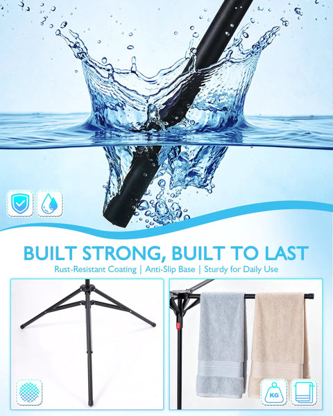 Outdoor Pool Towel Rack With Four Adjustable Arms Freestanding 51 To 71 Inches Height Foldable Drying Rack For Towels And Swim Gear Rust Resistant Steel Great For Poolside Backyard And Camping.