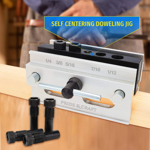 Self Centering Dowel Jig Kit with Six Drill Guide Bushings for precise straight holes in woodworking projects