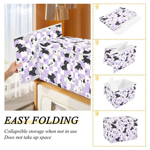 Heavy Duty Foldable Storage Bin With Secure Flip Top Lid And Sturdy Handles For Bedroom Organization features easy folding and playful dog design.