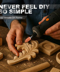 Close-up of 64-piece sanding bits for Dremel rotary tools being used to carve a wooden leaf ornament