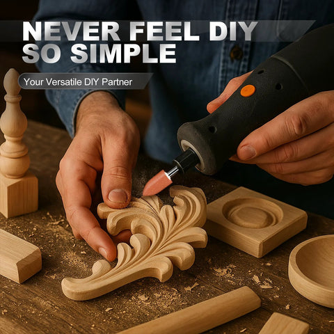 Close-up of 64-piece sanding bits for Dremel rotary tools being used to carve a wooden leaf ornament