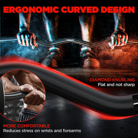 Close-up of hands gripping 47-Inch Olympic EZ Curl Bar With 2 Spring Collars, showcasing knurling and ergonomic design.