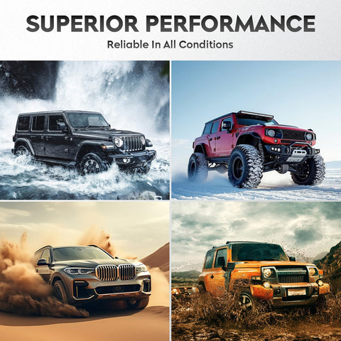 Four off-road vehicles showcasing superior performance in various terrains, highlighting reliability in all conditions.