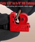 Two Pack Tubing Cutter Set For Copper, Brass, Aluminum And PVC Pipe, 1/8 Inch To 5/8 Inch Cut Range in use cutting a pipe