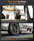 Beast Cordless Tire Inflator Portable Air Compressor shown inflating a car tire using both cordless and power cord options.