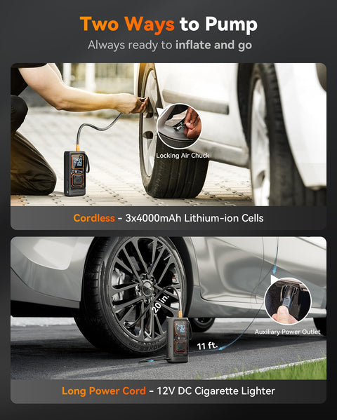 Beast Cordless Tire Inflator Portable Air Compressor shown inflating a car tire using both cordless and power cord options.