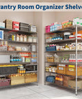 Heavy Duty Chrome Wire Shelving Rack With Locking Swivel Casters Commercial Grade organizing pantry items and containers.