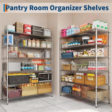 Heavy Duty Chrome Wire Shelving Rack With Locking Swivel Casters Commercial Grade organizing pantry items and containers.