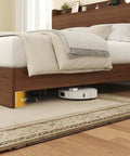 Queen Size Bed Frame With Storage Headboard And Two Drawers Mid Century Modern Platform Bed showing 6.11 inches clearance underneath with a robot vacuum.