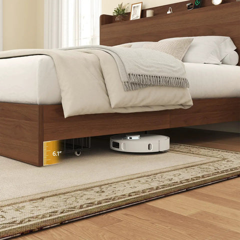 Queen Size Bed Frame With Storage Headboard And Two Drawers Mid Century Modern Platform Bed showing 6.11 inches clearance underneath with a robot vacuum.