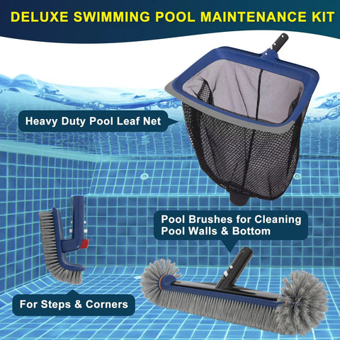 All In One Pool Cleaning Kit with Rubber Edge Skimmer Net and 17.5 Inch Brush Head, rotating scrub brush for walls and floors