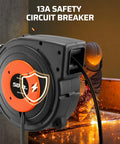 Heavy Duty 50 Ft Retractable Extension Cord Reel With 3 Grounded Outlets Lit Triple Tap 13 Amp Circuit Breaker in workshop
