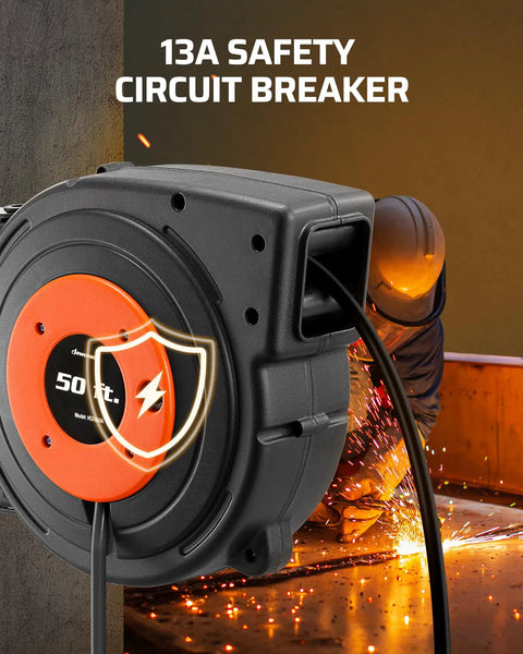 Heavy Duty 50 Ft Retractable Extension Cord Reel With 3 Grounded Outlets Lit Triple Tap 13 Amp Circuit Breaker in workshop