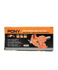 Box of Heavy Duty 5 Inch Multi Purpose Swivel Base Bench Vise with 3 Jaw Styles Rotates 360 Degrees, orange packaging