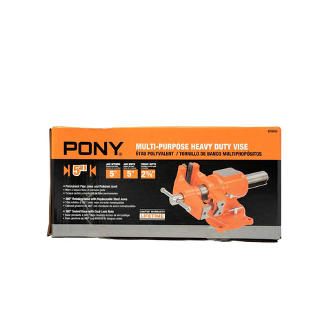 Box of Heavy Duty 5 Inch Multi Purpose Swivel Base Bench Vise with 3 Jaw Styles Rotates 360 Degrees, orange packaging