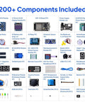 ESP32 Super Starter Kit With Tutorial And Development Board USB C Dual Core Microcontroller Built In WiFi And Bluetooth 4.2 AP STA AP Plus STA CP2102 Chip Arduino IDE Compatible For DIY IoT Projects component list with sensors, displays, and modules.
