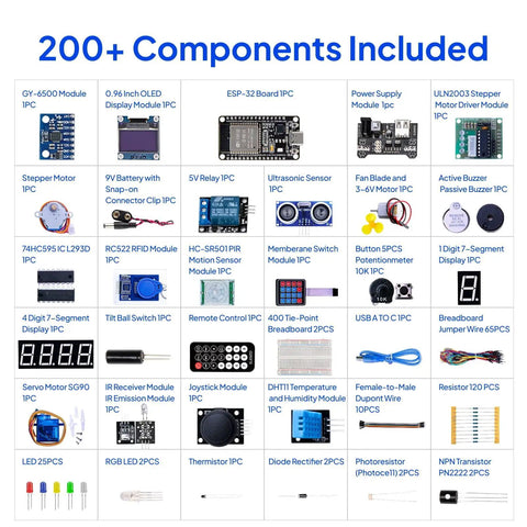 ESP32 Super Starter Kit With Tutorial And Development Board USB C Dual Core Microcontroller Built In WiFi And Bluetooth 4.2 AP STA AP Plus STA CP2102 Chip Arduino IDE Compatible For DIY IoT Projects component list with sensors, displays, and modules.