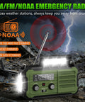 Emergency Hand Crank Solar Radio with 10000mAh Battery and 37000mWh Power Bank in army green amidst storm background