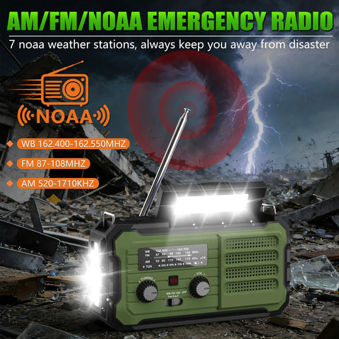 Emergency Hand Crank Solar Radio with 10000mAh Battery and 37000mWh Power Bank in army green amidst storm background