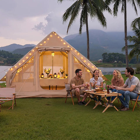 Group enjoying outdoor picnic in front of Inflatable Family Camping Tent With Instant Setup, Waterproof 3000mm Windproof Outdoor Shelter