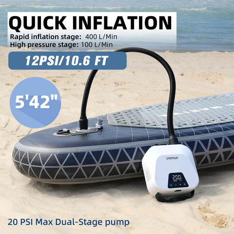 High Pressure Portable Air Pump For Paddle Boards And More in use inflating a SUP on a beach, showing PSI levels.