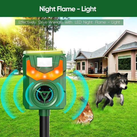 Solar Powered Ultrasonic Animal Repeller With Pir Motion Sensor, Yard Deterrent For Cats, Dogs, Birds, Rabbits, Skunks, Squirrels And Deer, 180 Degree Coverage Up To 26 Feet, Flaming Eye Alarm, Weatherproof Outdoor Pest Deterrent. Solar outdoor pest repeller on stake in a lawn