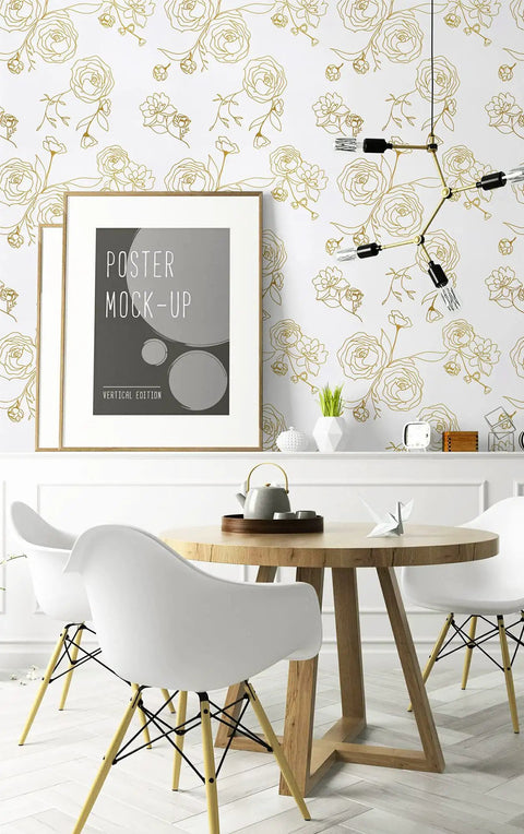 Room with Gold And White Floral Peel And Stick Wallpaper Self Adhesive Removable Covering For Bedroom 393x17.3 Inches Vinyl Roll