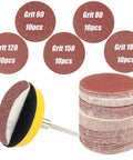 Fifty Piece Two Inch Rotary Sanding Discs Kit With One Eighth Inch Shank Backing Pad And Hook And Loop Holder For Dremel Rotary Tool
