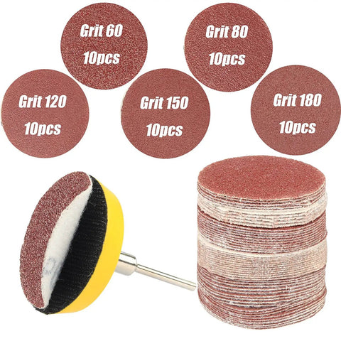 Fifty Piece Two Inch Rotary Sanding Discs Kit With One Eighth Inch Shank Backing Pad And Hook And Loop Holder For Dremel Rotary Tool