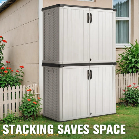 27 Cu Ft Resin Outdoor Storage Box Weather Resistant No Shelf Easy To Assemble 47.6 Inches Long 25.4 Inches Wide 37 Inches High White stacked