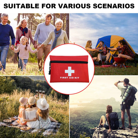 Red mini first aid kit pouch with zipper, white cross visible, centered in an outdoor collage.